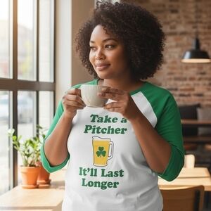 Green and White Graphic Raglan Tee